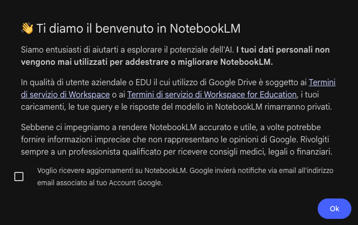 Benvenuto in NotebookLM - Privacy e dati personali